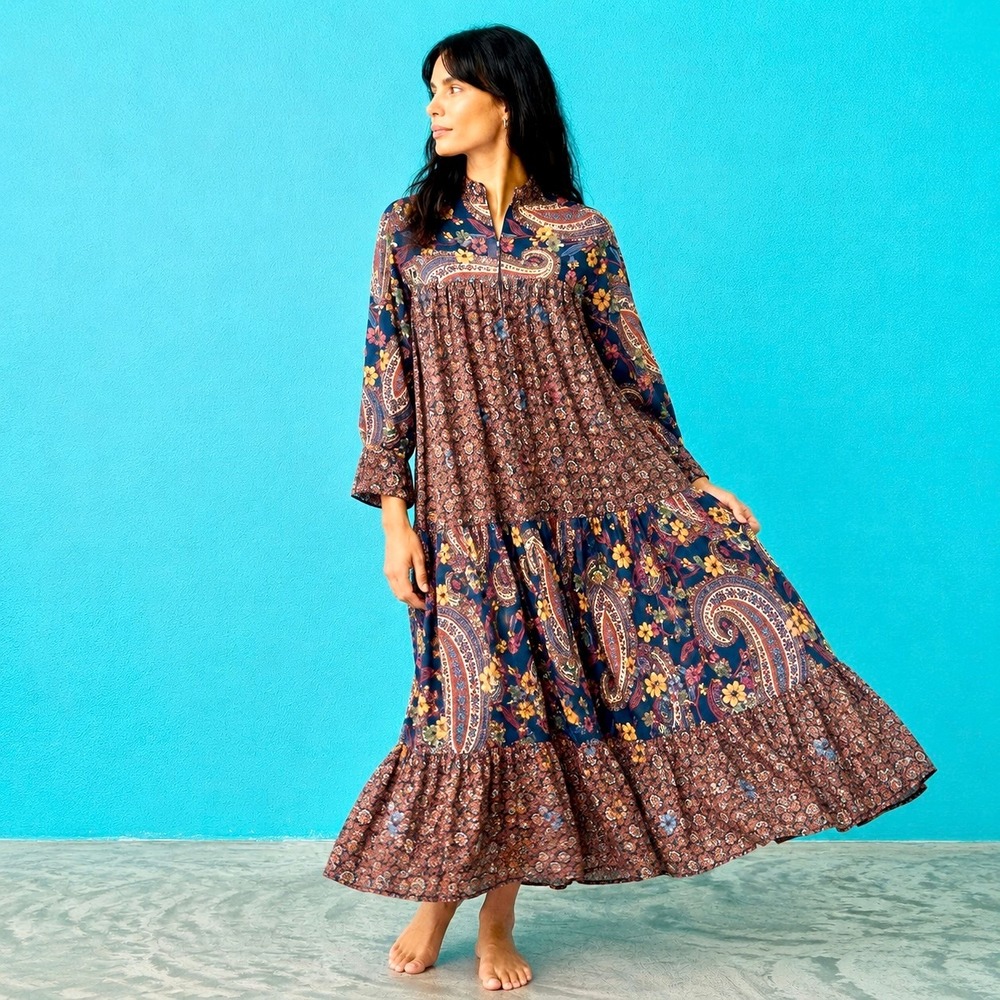 Vintage 70s Floral Tiered Prairie Maxi Dress Small Blue Boho Hippie Cottagecore‎